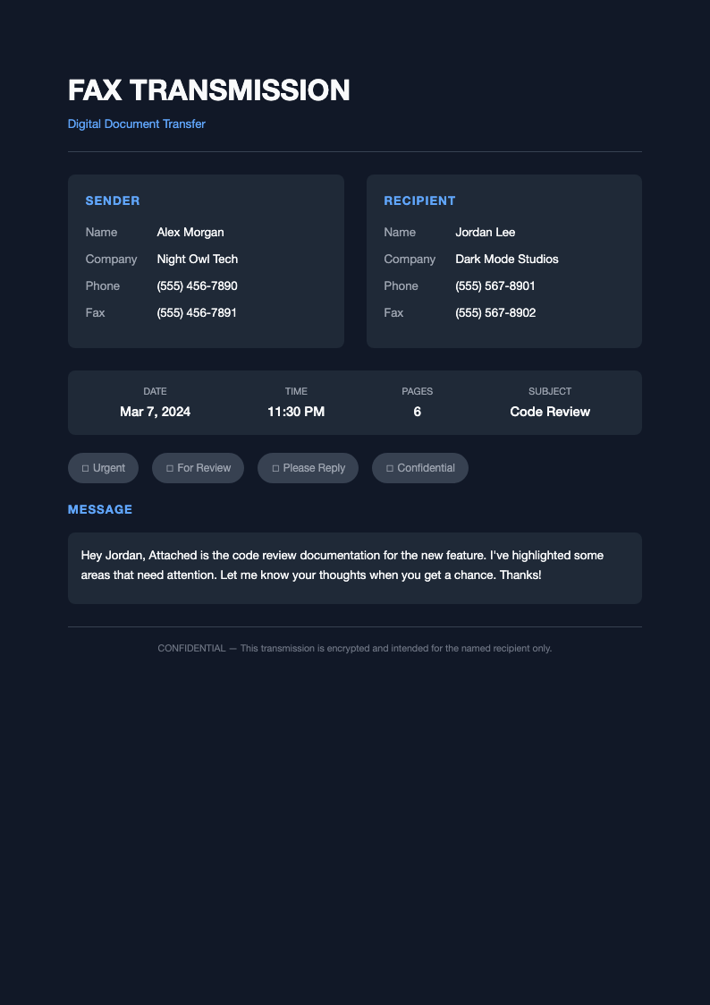 Dark mode fax cover page
